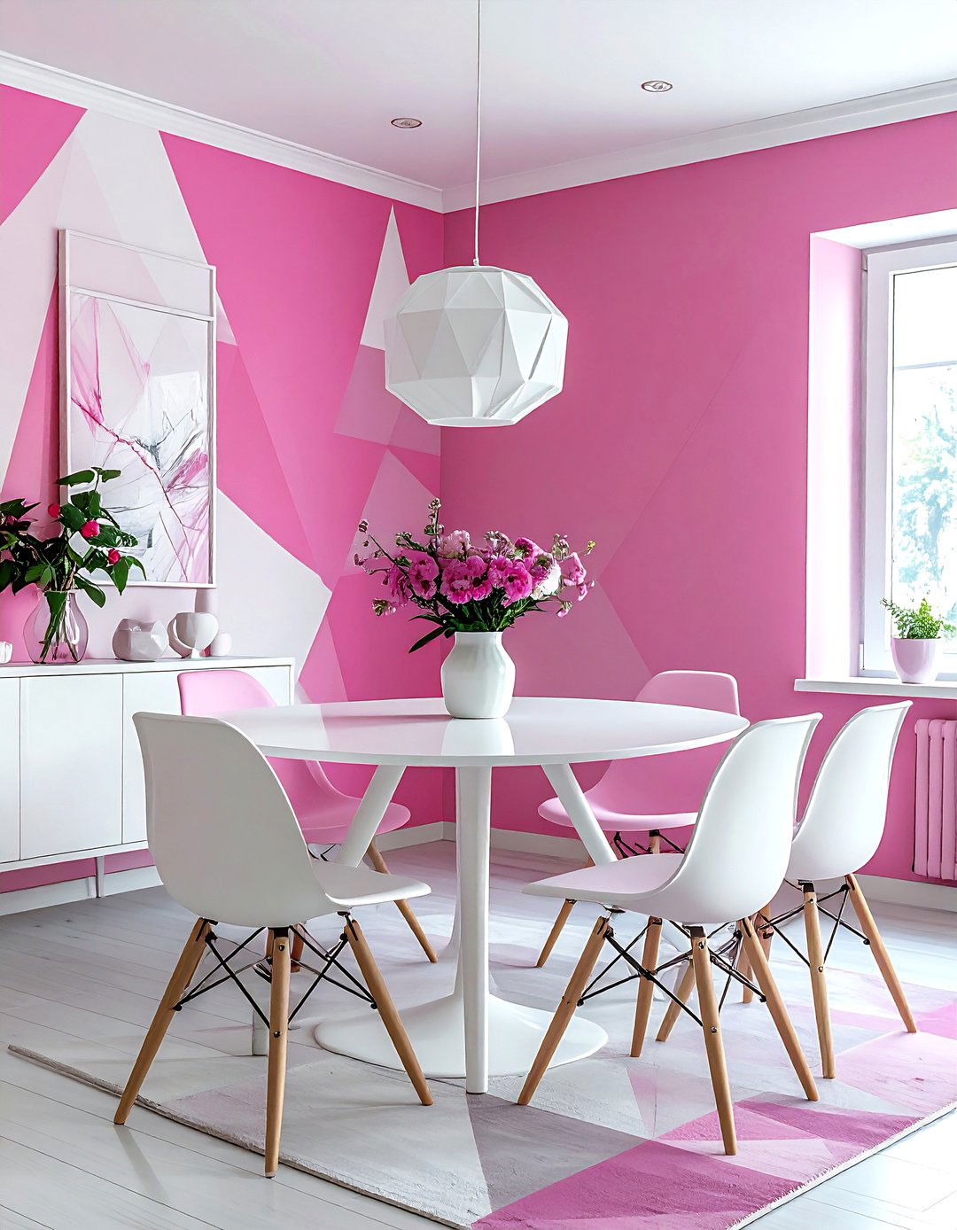 Pink geometric dining room - 30 pink and white dining room ideas