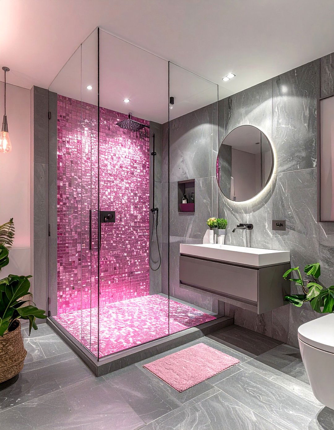 Pink glass tile - 30 pink and gray bathroom ideas