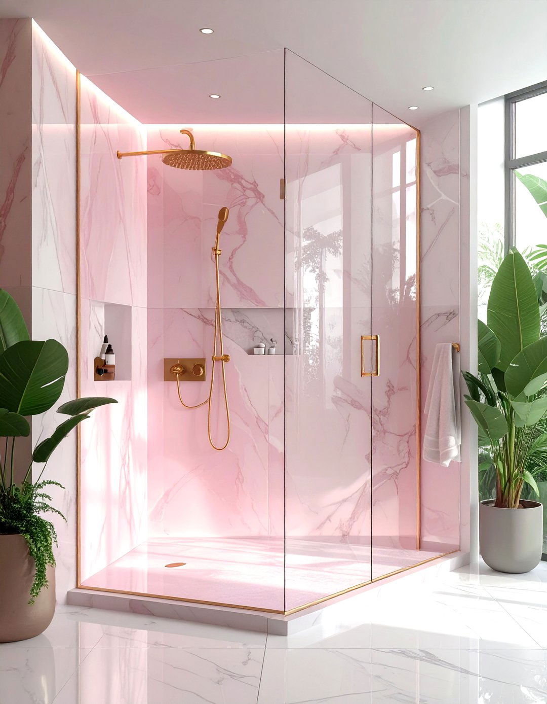 Pink glass walk in shower - 30 pink and white bathroom ideas