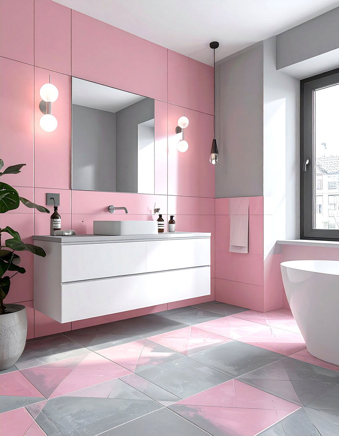 Pink gray geometric tile bathroom - 30 pink gray bathroom ideas