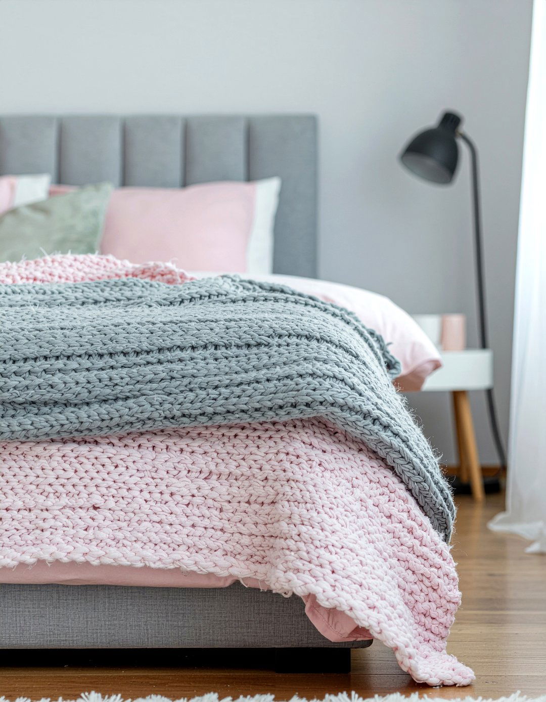 Pink gray textured blankets - 30 pink and gray bedroom ideas