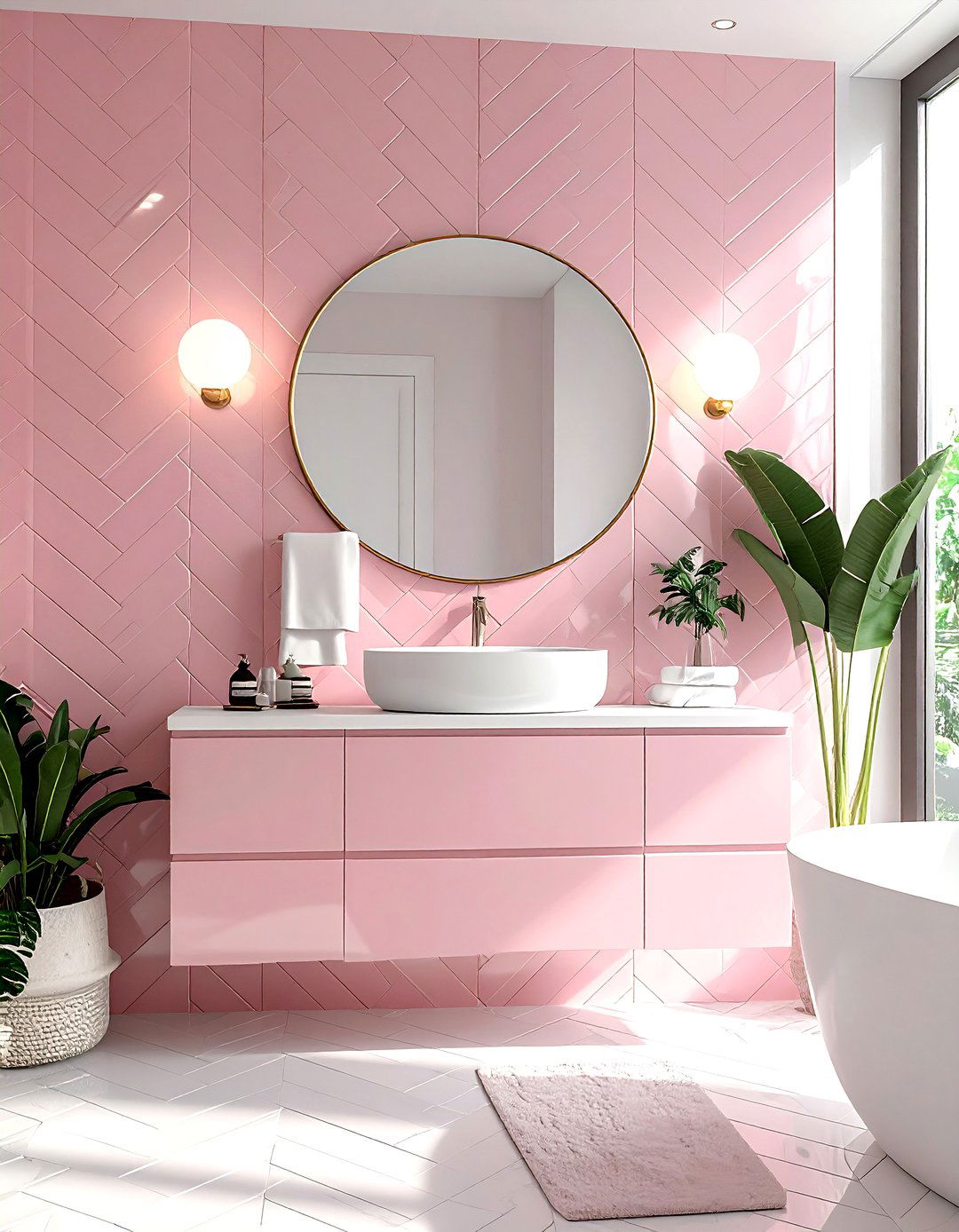 Pink herringbone tile bathroom - 30 pink and white bathroom ideas
