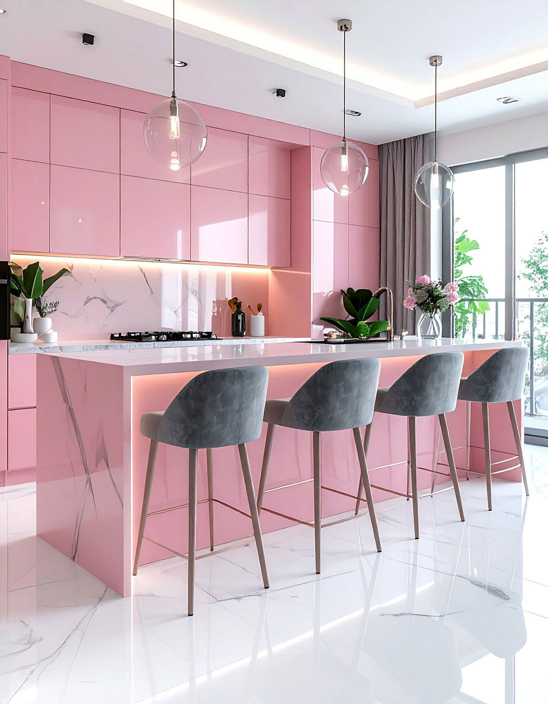 Pink island gray bar chairs - 30 pink and gray kitchen ideas