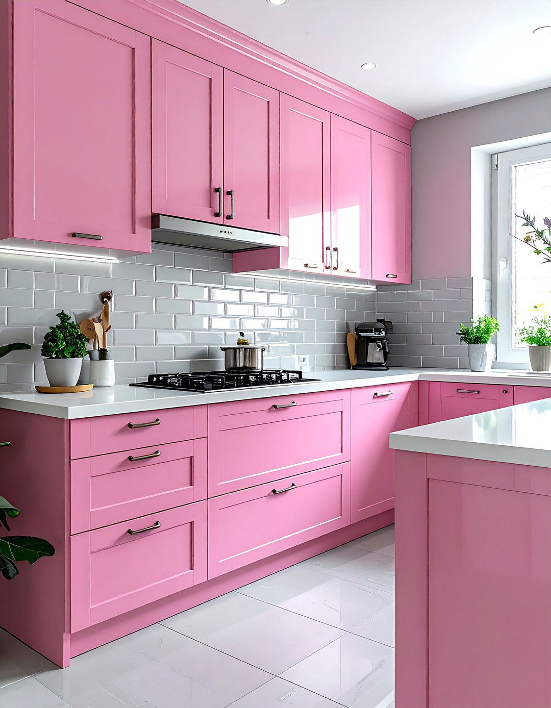 Pink kitchen gray subway tile - 30 pink and gray kitchen ideas