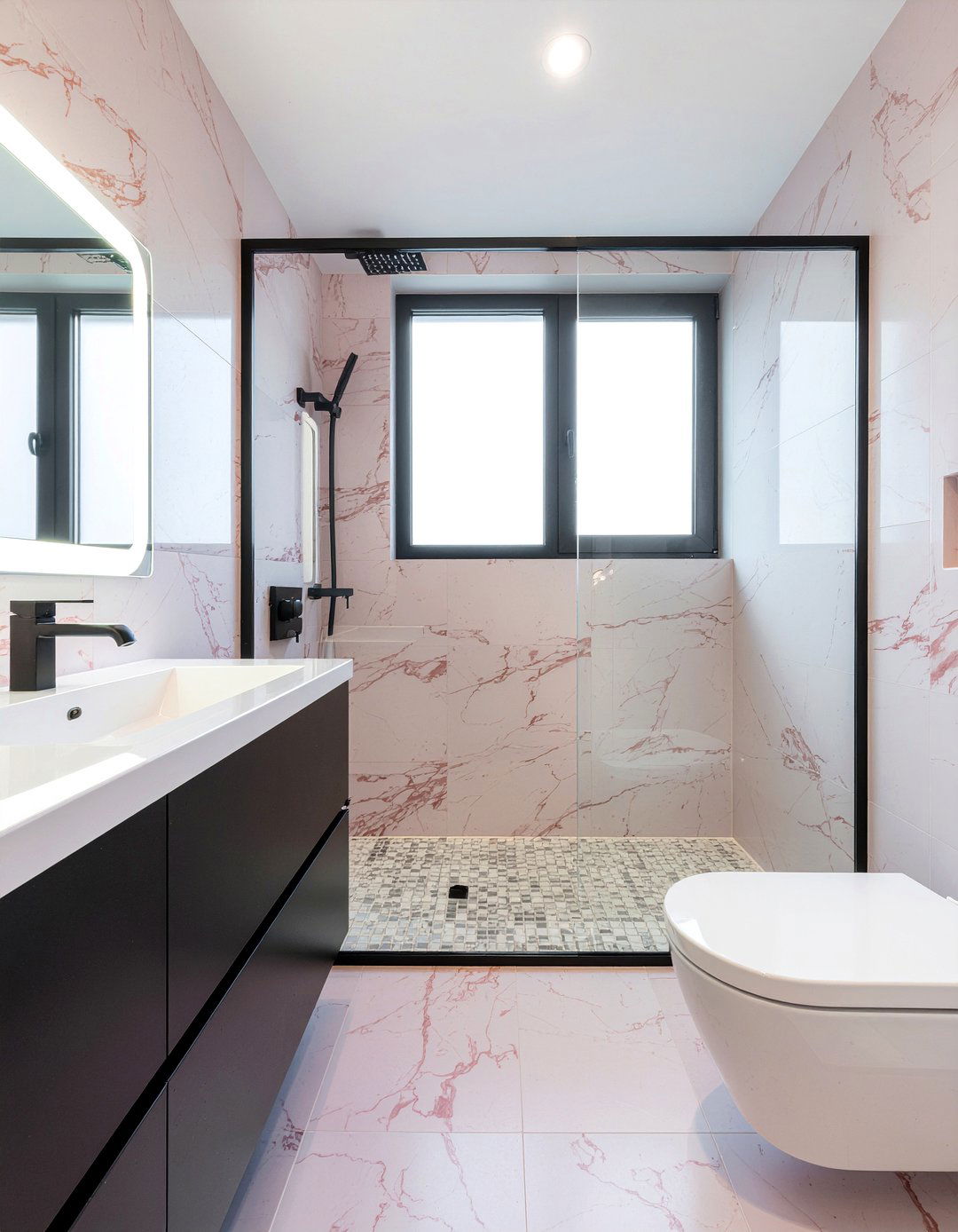 Pink marble and black bathroom - 30 pink marble bathroom ideas