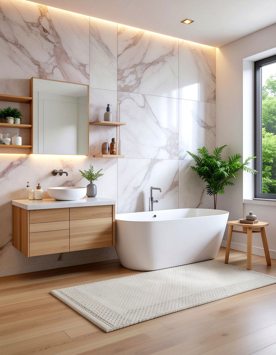 Pink marble and wood bathroom - 30 pink marble bathroom ideas