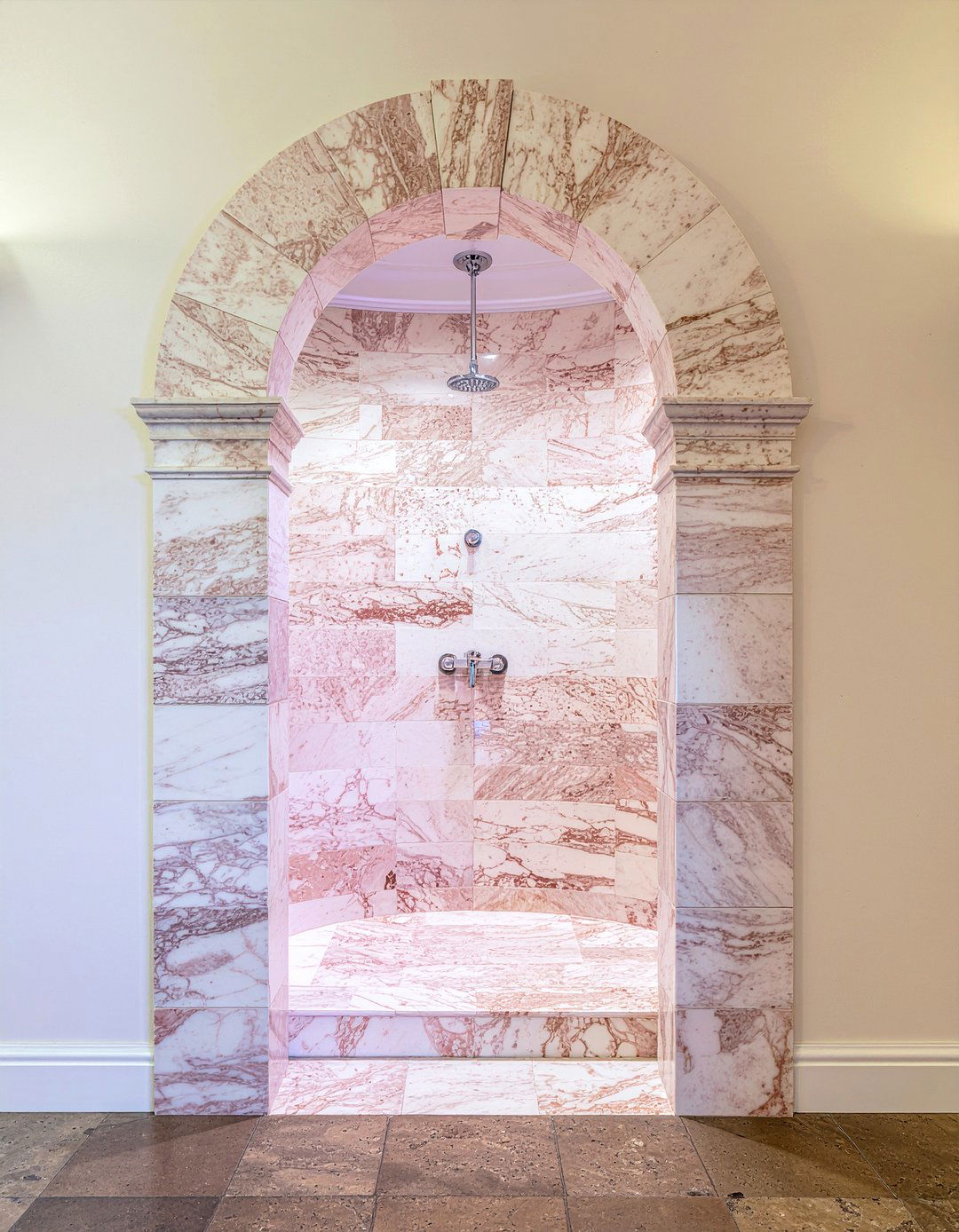 Pink marble arched shower - 30 pink marble bathroom ideas