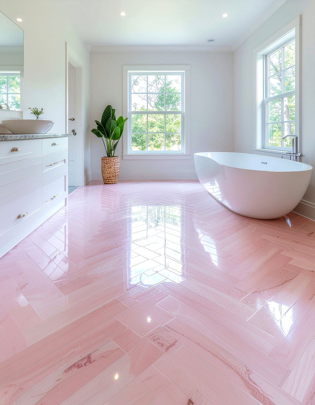 Pink marble herringbone floor - 30 pink marble bathroom ideas