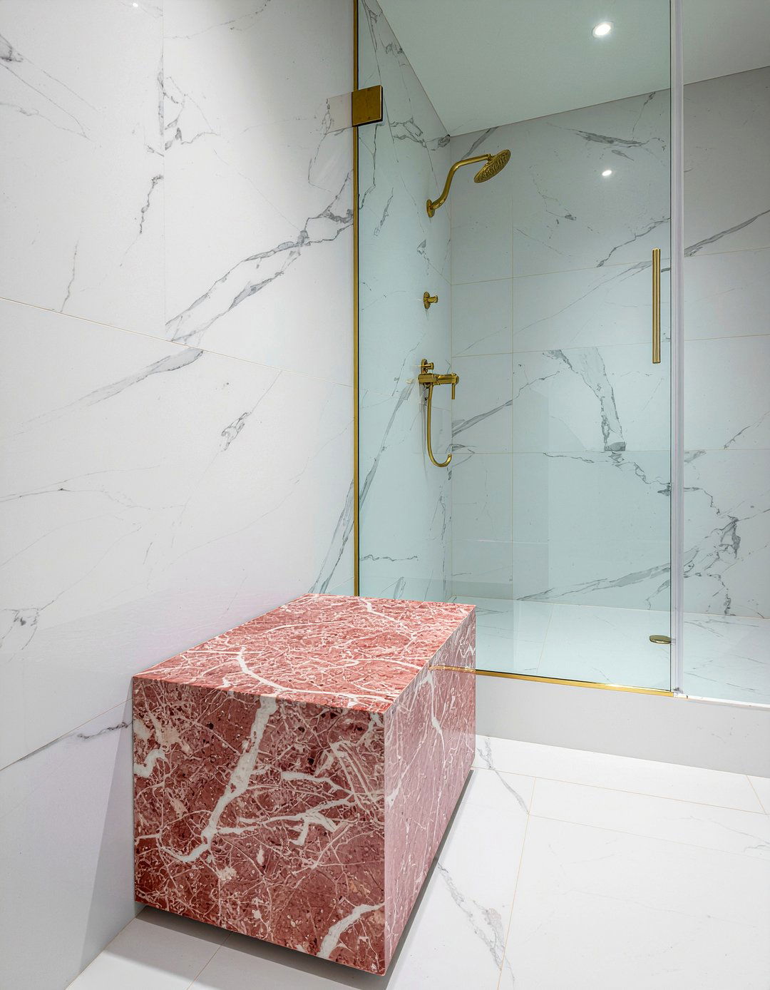 Pink marble shower bench - 30 pink marble bathroom ideas