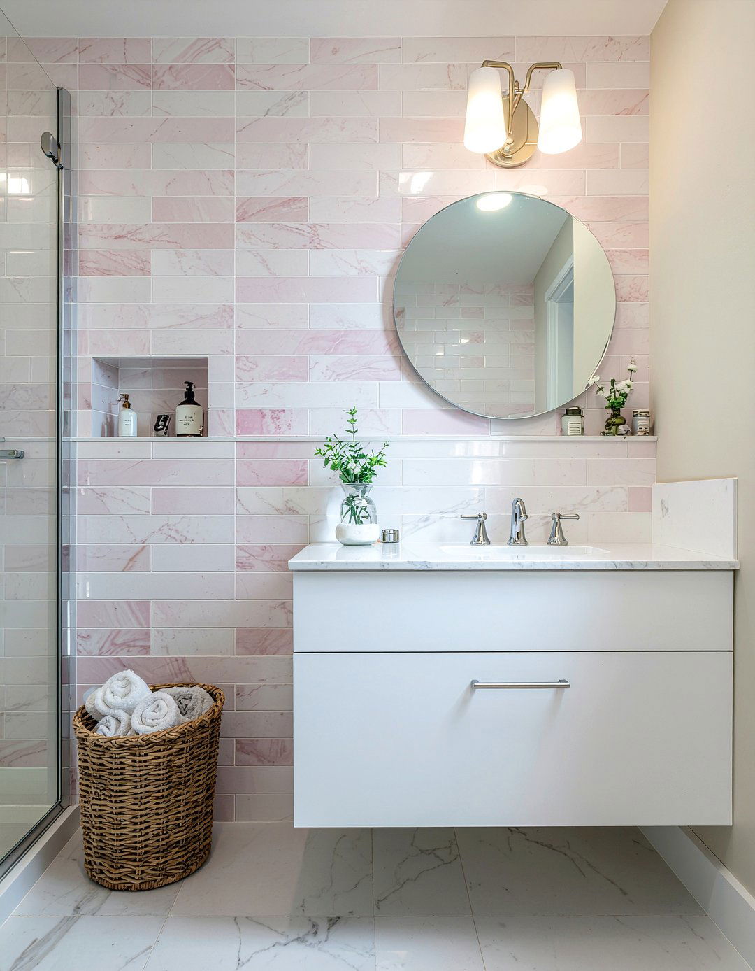 Pink marble subway tile - 30 pink marble bathroom ideas