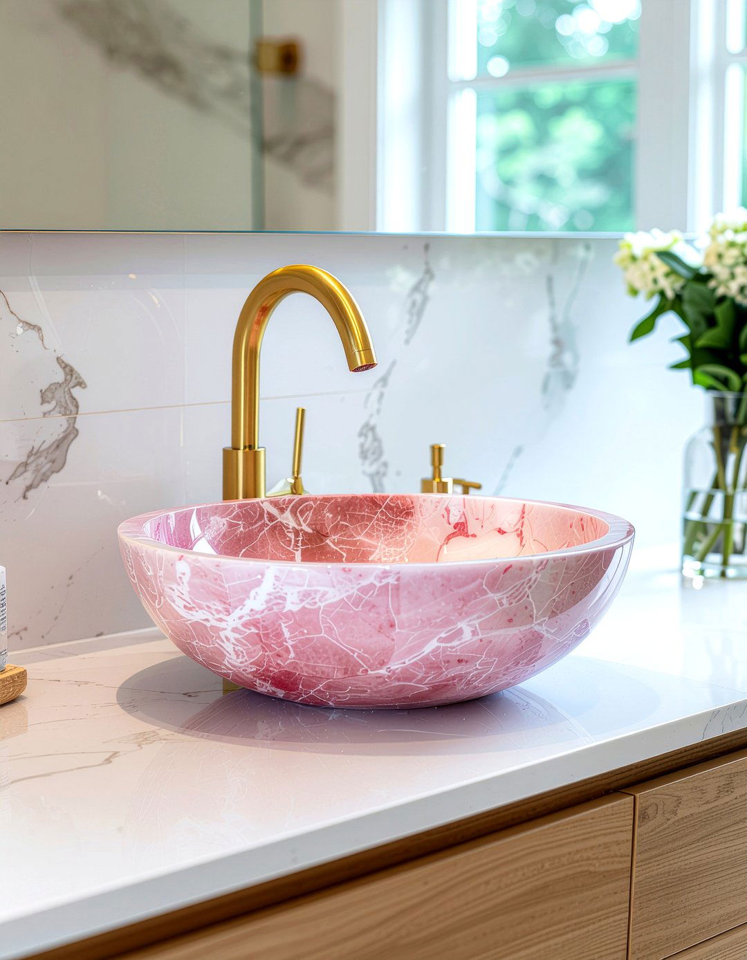 Pink marble vessel sink - 30 pink marble bathroom ideas