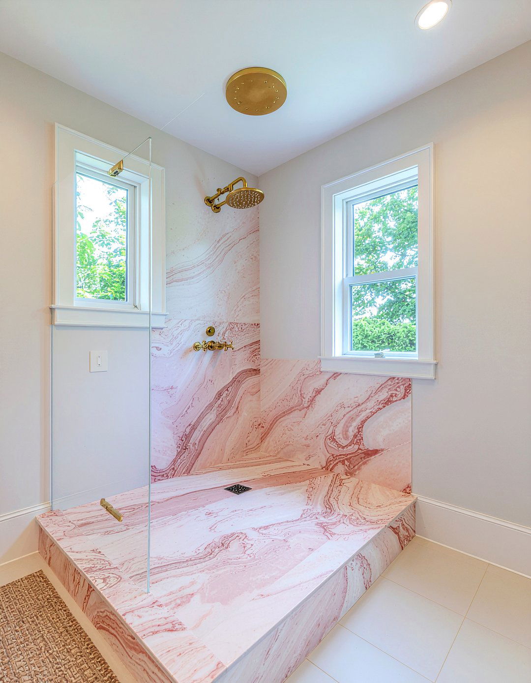 Pink marble walk in shower - 30 pink marble bathroom ideas