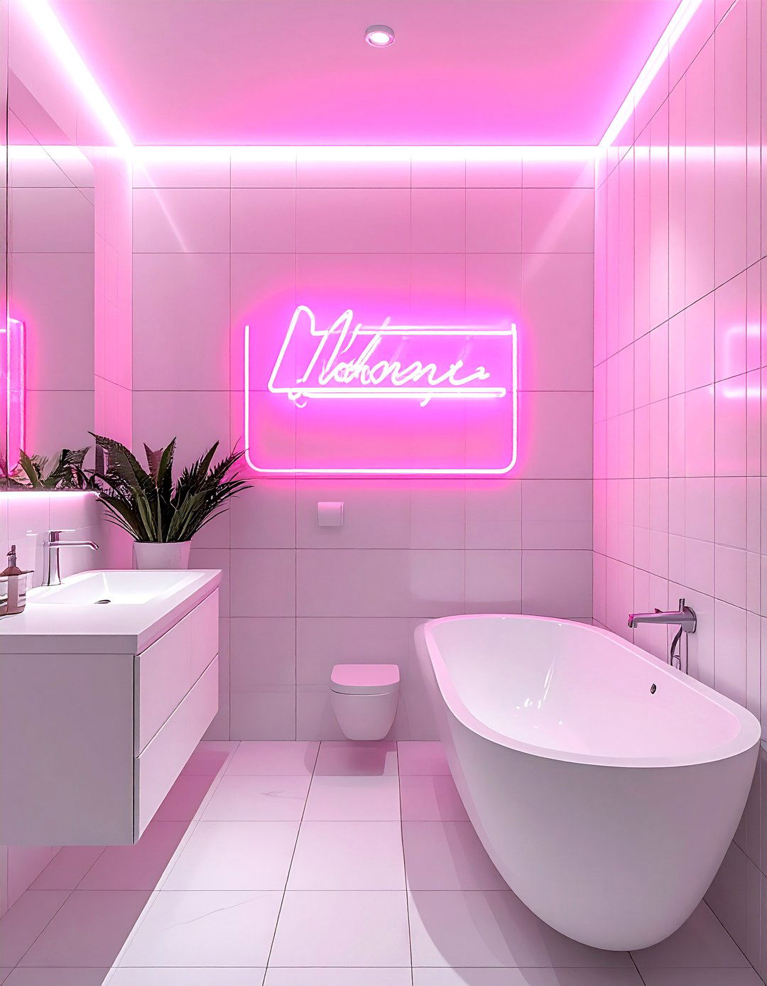 Pink neon sign bathroom - 30 pink and white bathroom ideas