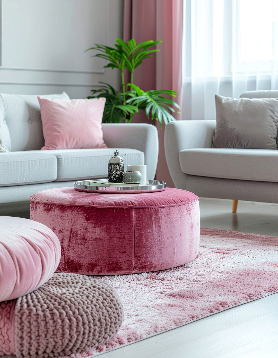 Pink ottoman gray seating area - 30 pink and gray living room ideas