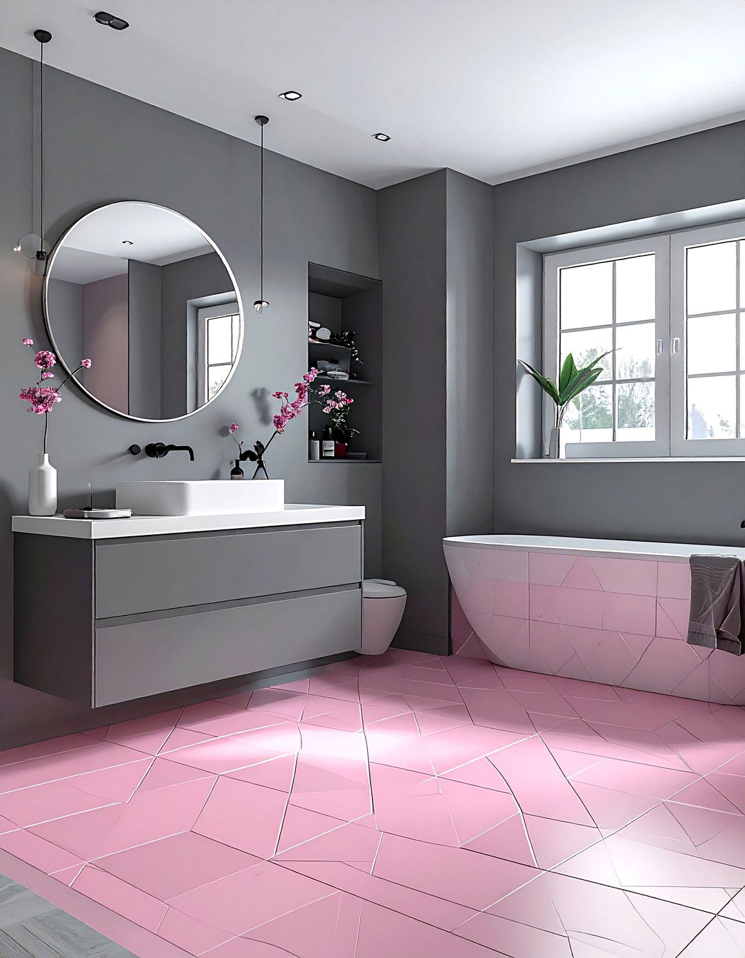 Pink pattern tile - 30 pink and gray bathroom ideas