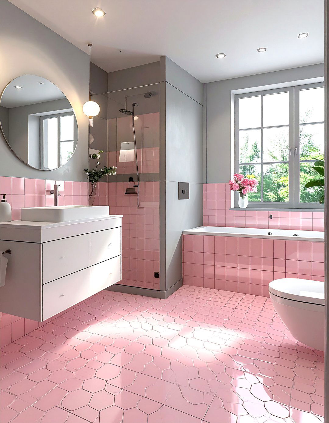 Pink penny tile - 30 pink and gray bathroom ideas
