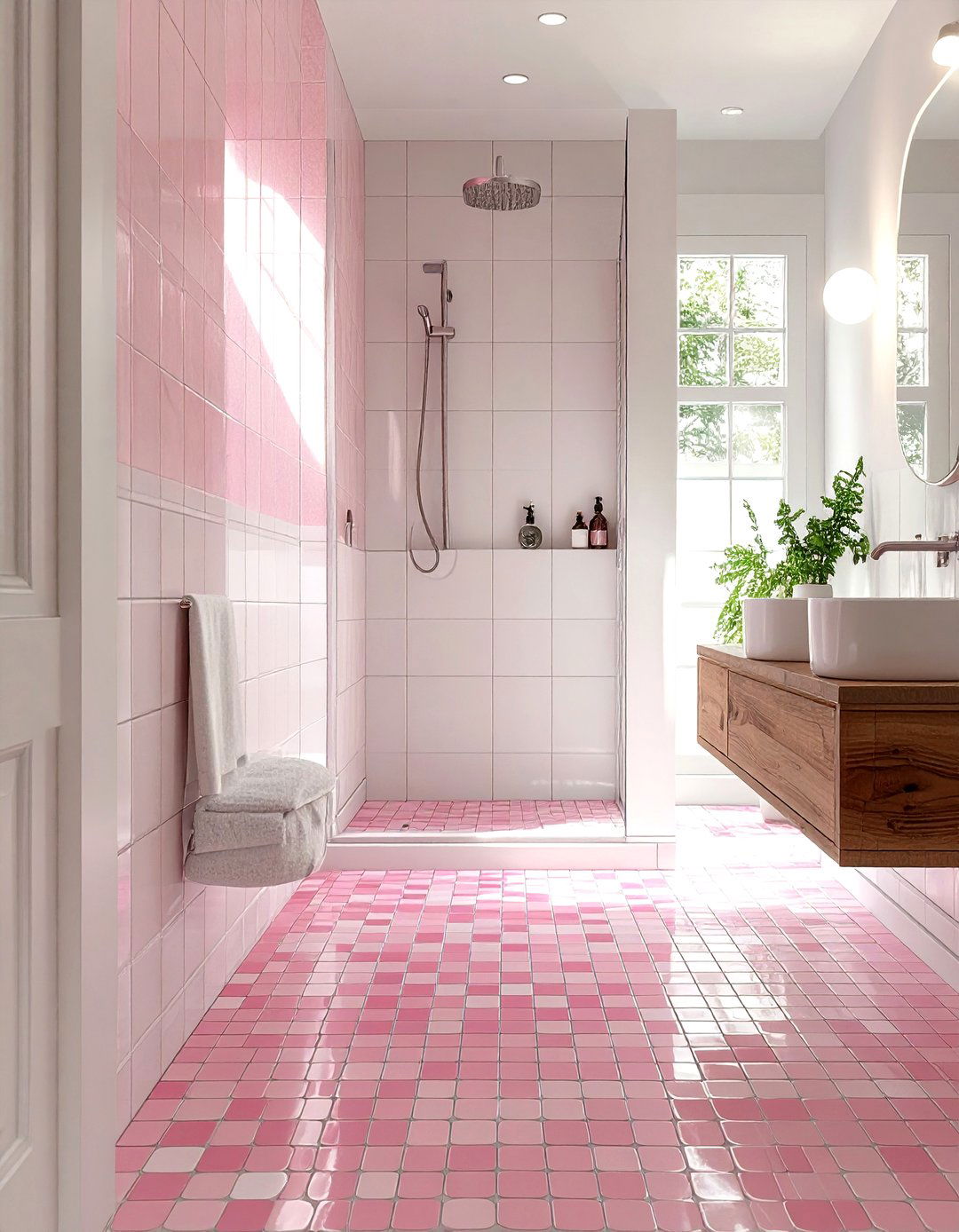 Pink penny tile bathroom - 30 pink and white bathroom ideas