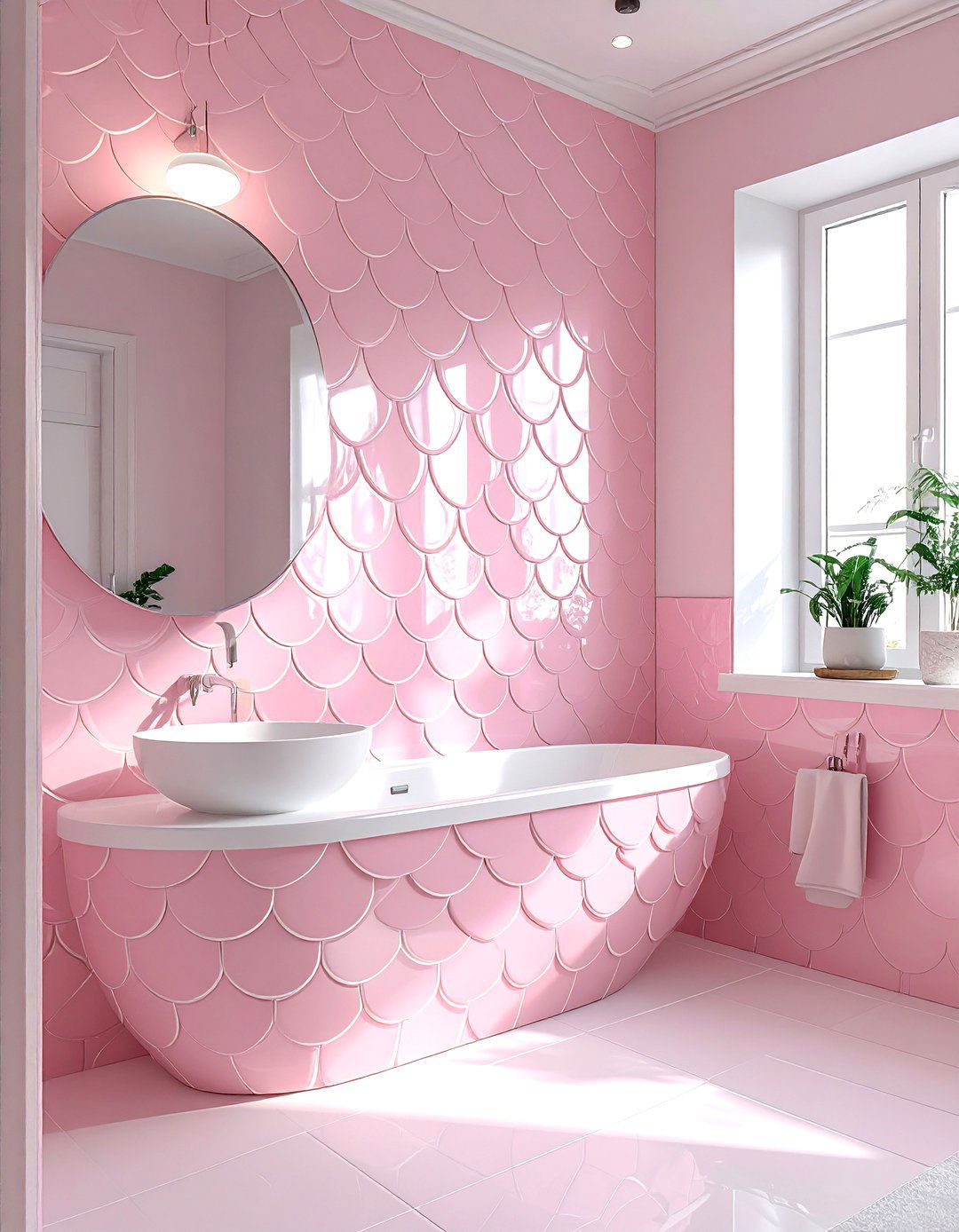 Pink scalloped tile bathroom - 30 pink and white bathroom ideas