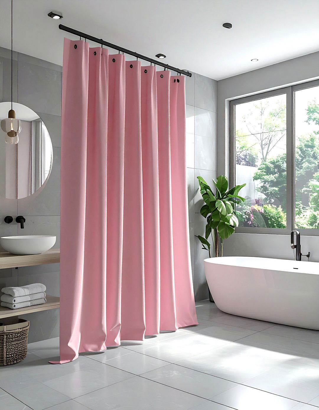 Pink shower curtain - 30 pink and gray bathroom ideas