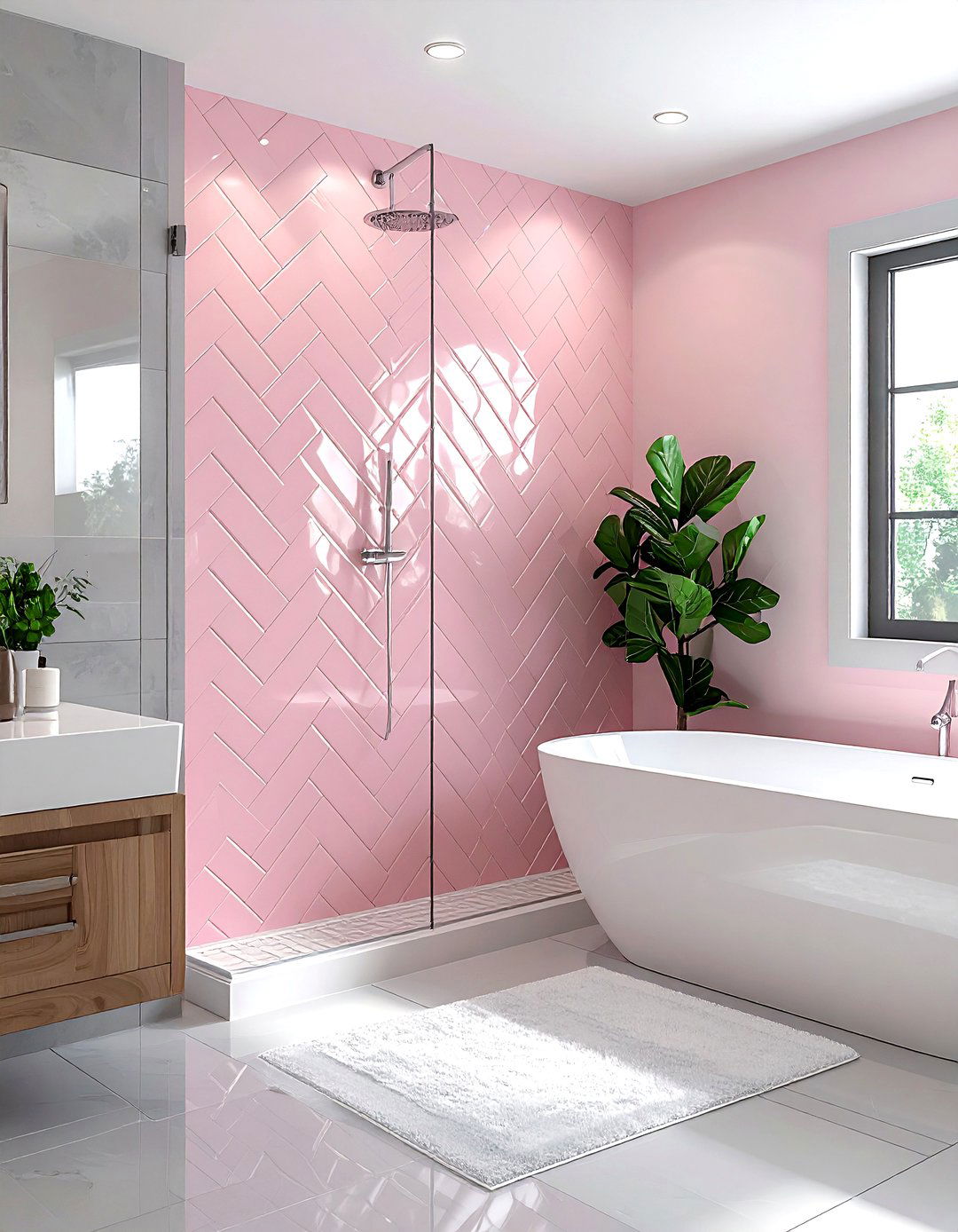Pink subway tile - 30 pink and gray bathroom ideas