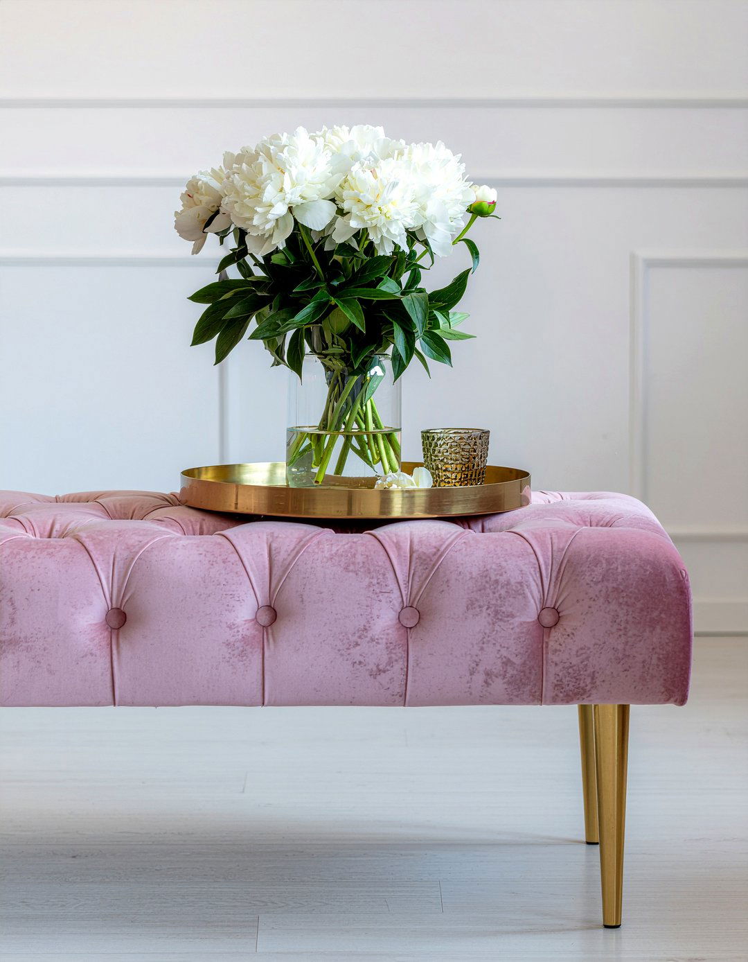 Pink tufted ottoman - 30 living room velvet ottoman ideas