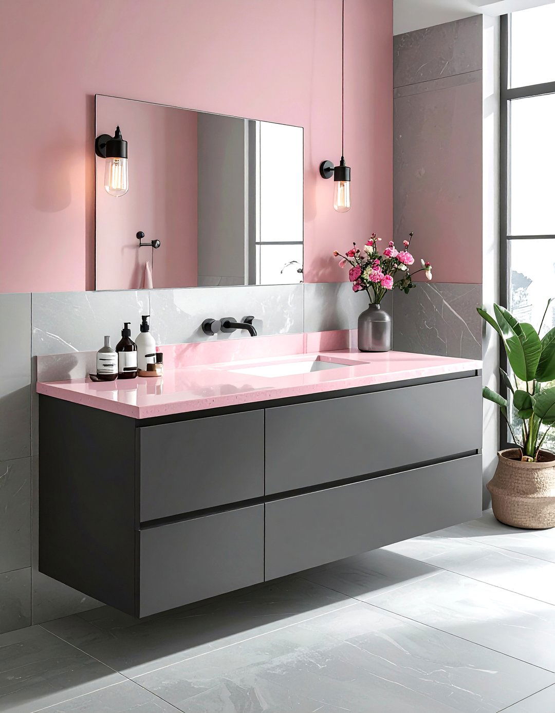 Pink vanity quartz - 30 pink and gray bathroom ideas