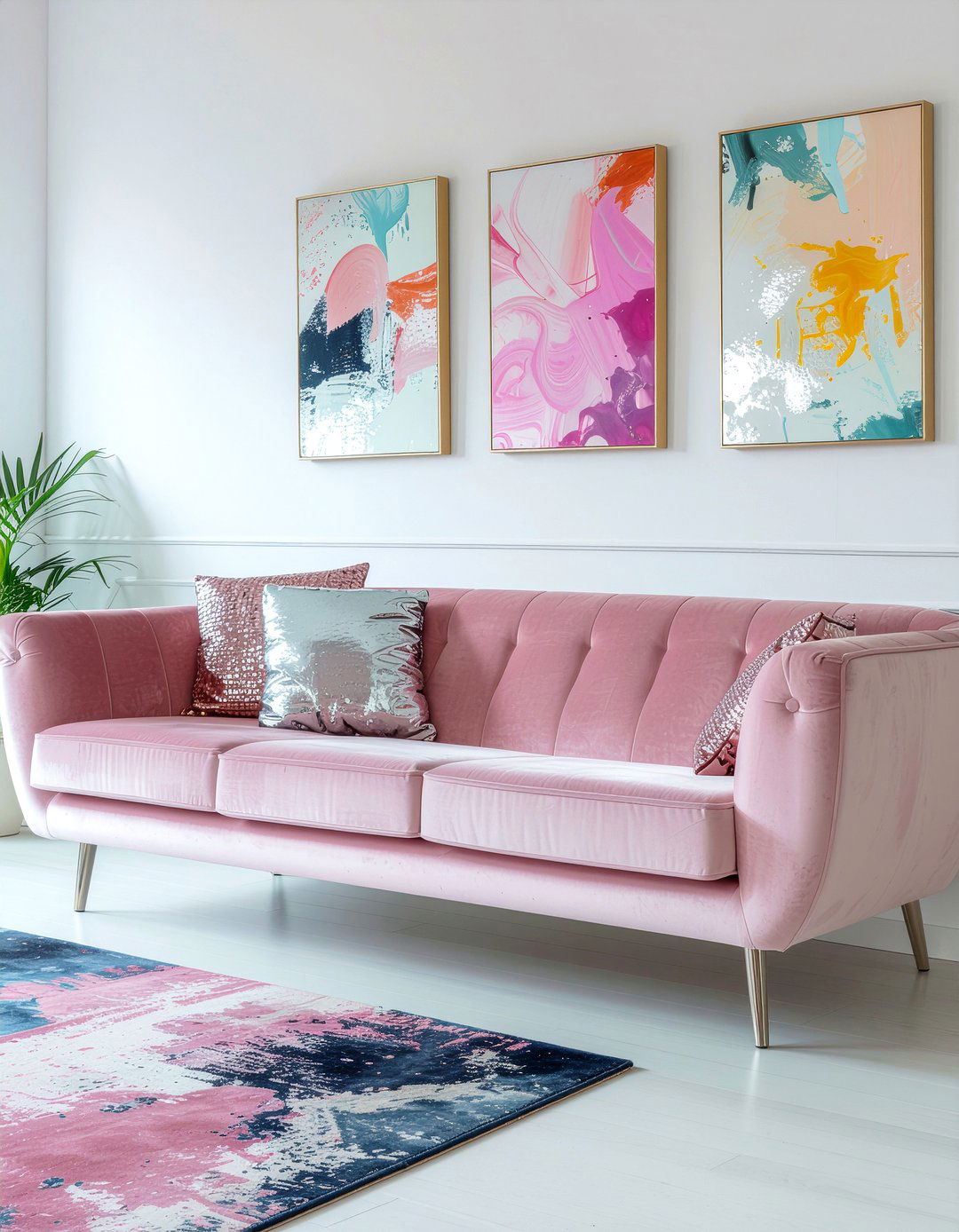 Pink velvet sofa - 30 fabric sofa living room ideas