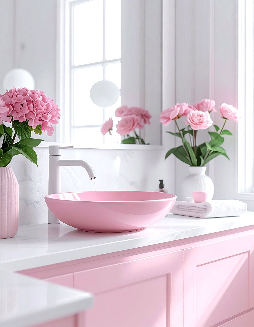 Pink vessel sink bathroom - 30 pink and white bathroom ideas