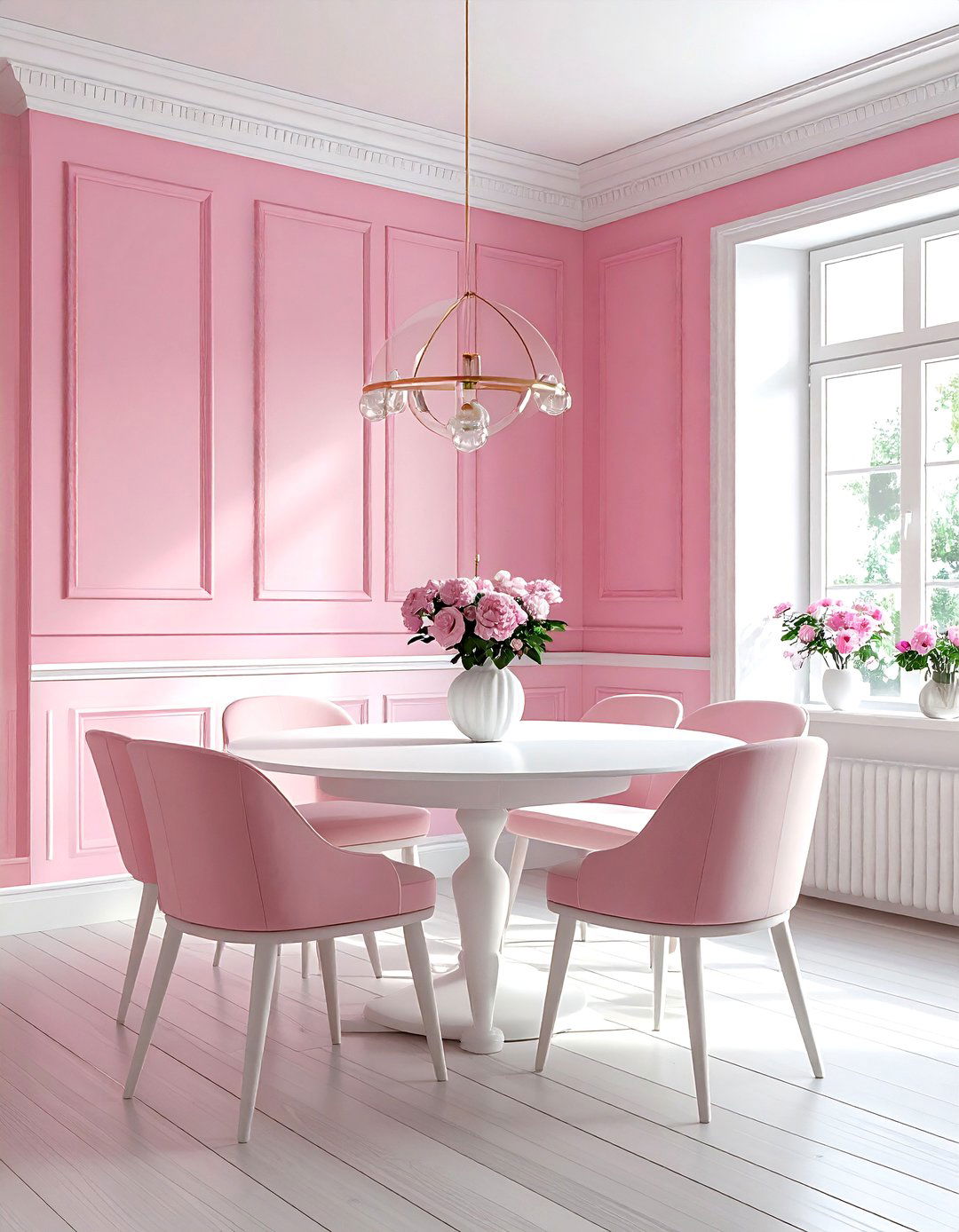Pink wainscoting dining room - 30 pink and white dining room ideas