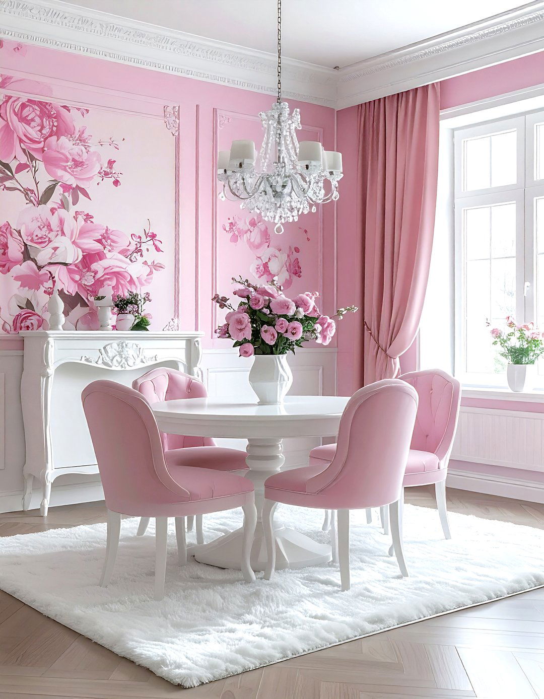 Pink wallpaper dining room - 30 pink and white dining room ideas