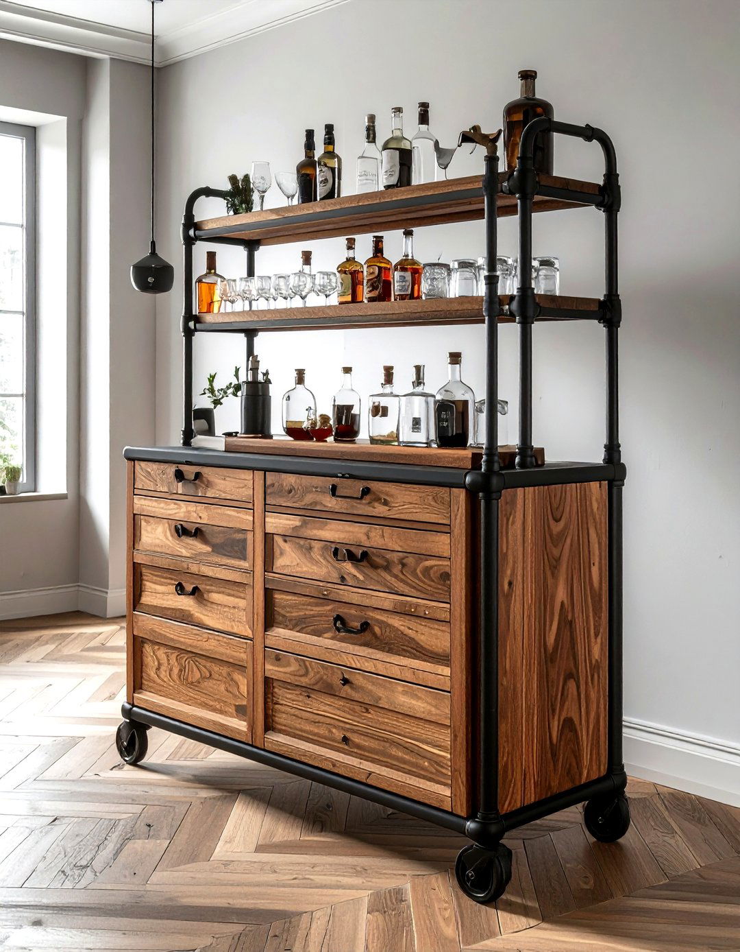 Pipe bar cart station - 30 living room pipe furniture ideas