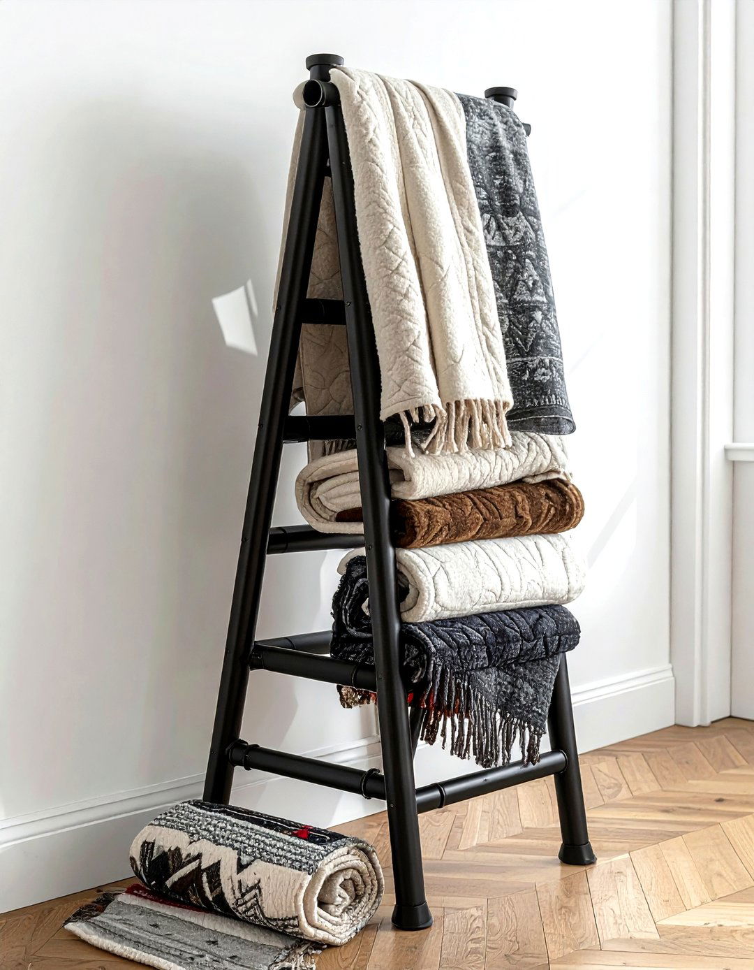 Pipe blanket ladder display - 30 living room pipe furniture ideas