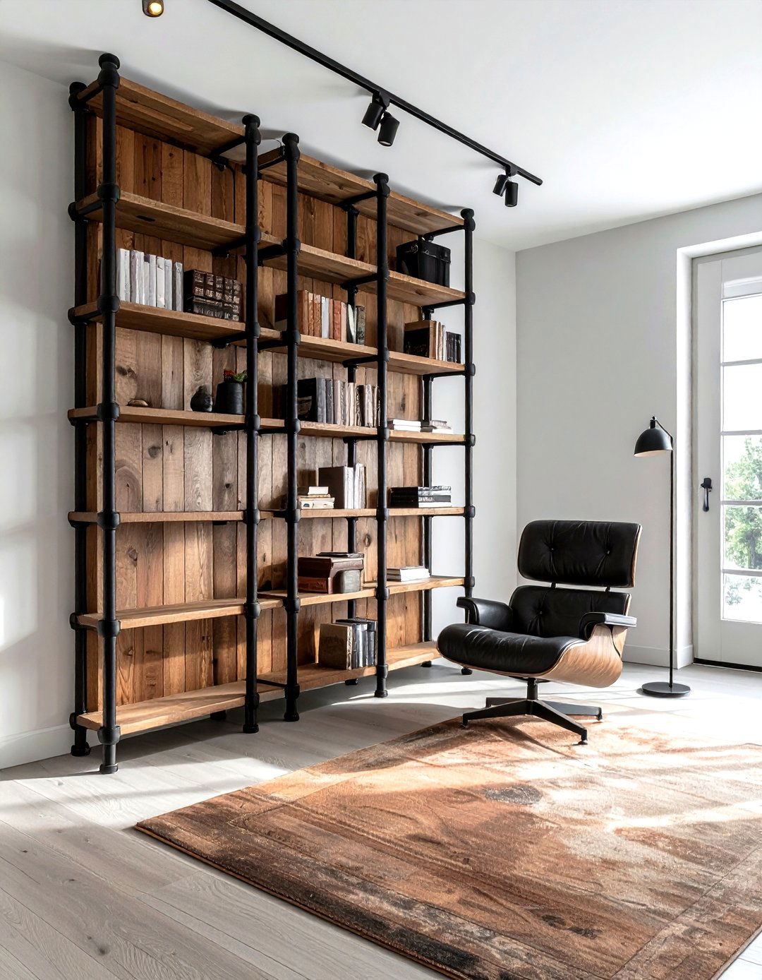 Pipe bookshelf wall - 30 living room industrial furniture ideas