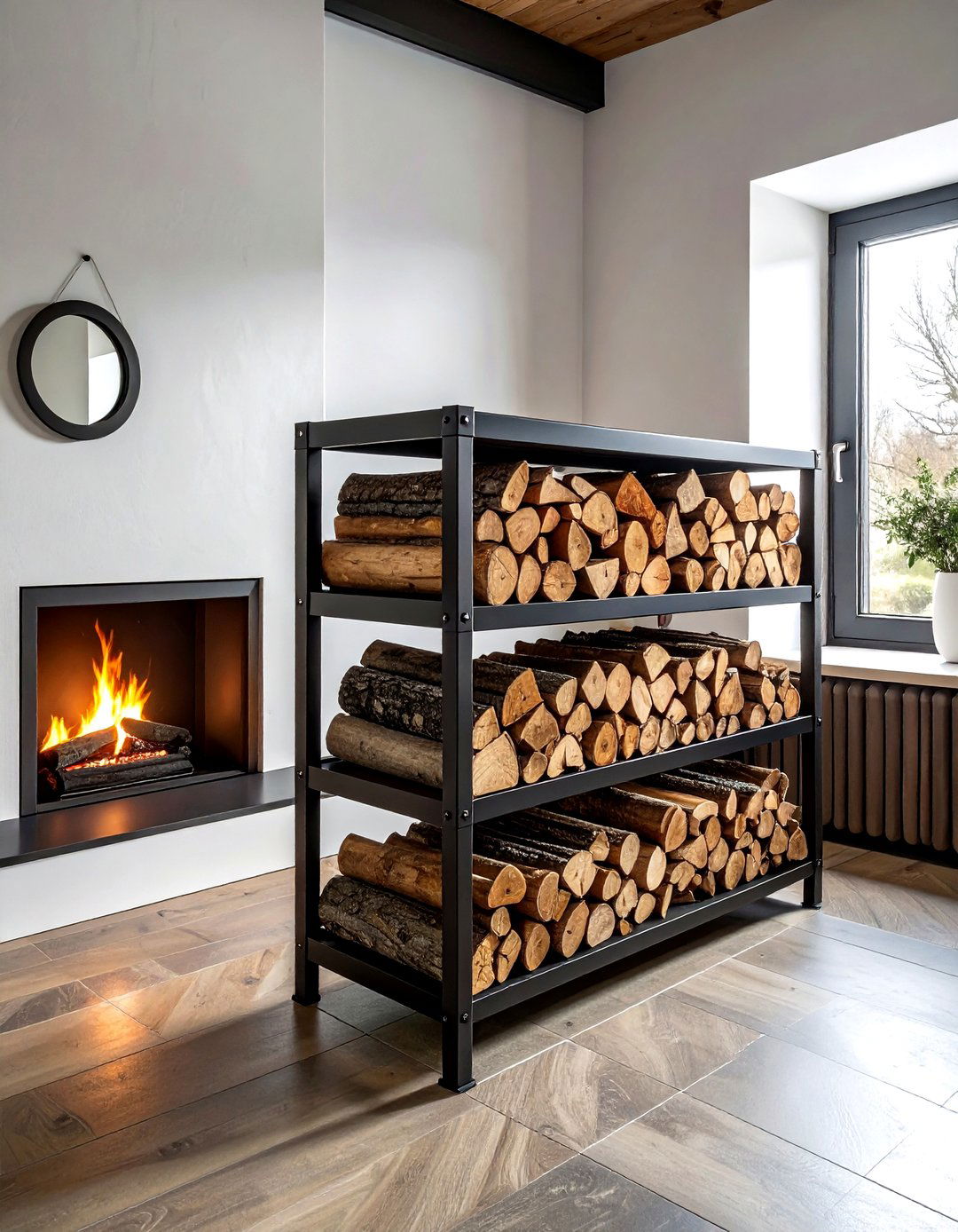 Pipe firewood rack indoor - 30 living room pipe furniture ideas