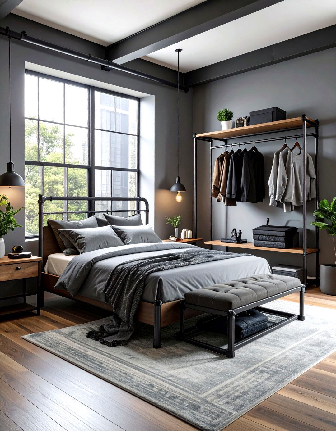 Pipe furniture bedroom - 30 industrial grey bedroom ideas