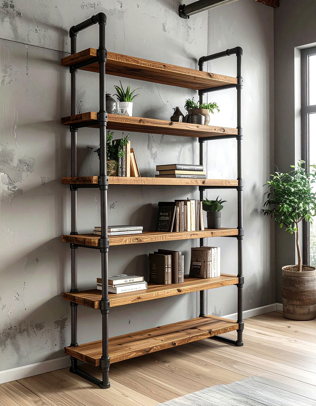 Pipe ladder shelf unit - 30 living room pipe furniture ideas