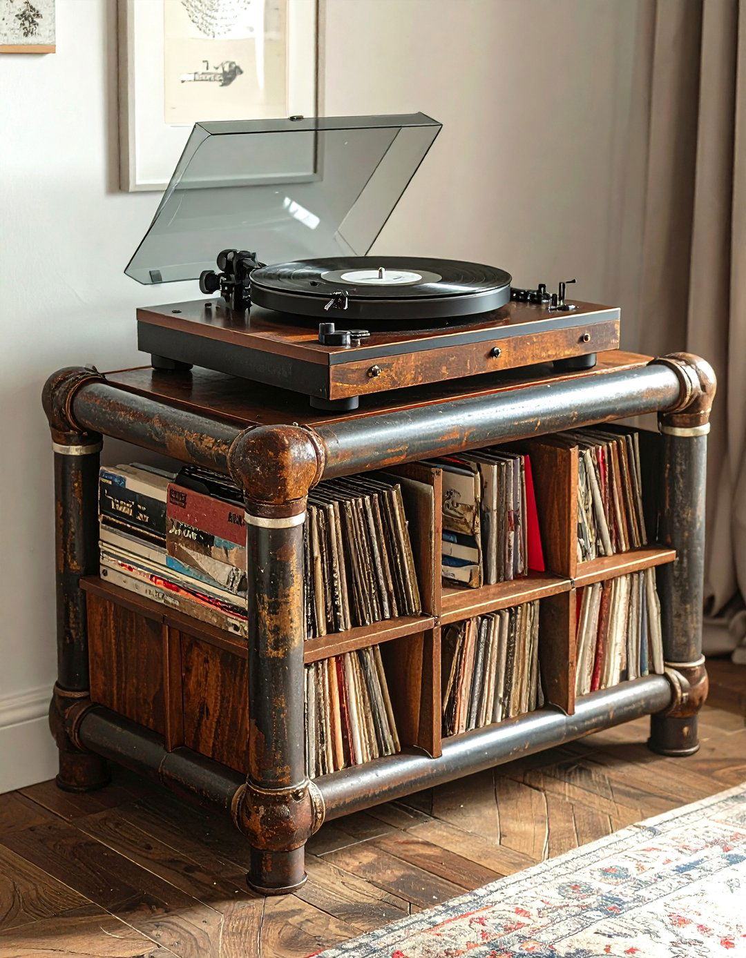 Pipe record player stand - 30 living room pipe furniture ideas