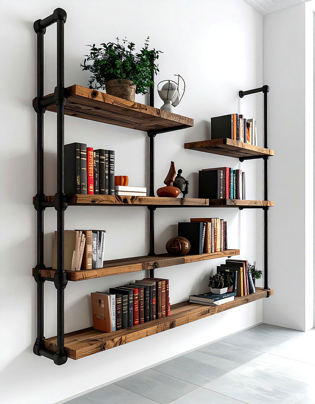 Pipe wall bookshelf system - 30 living room pipe furniture ideas