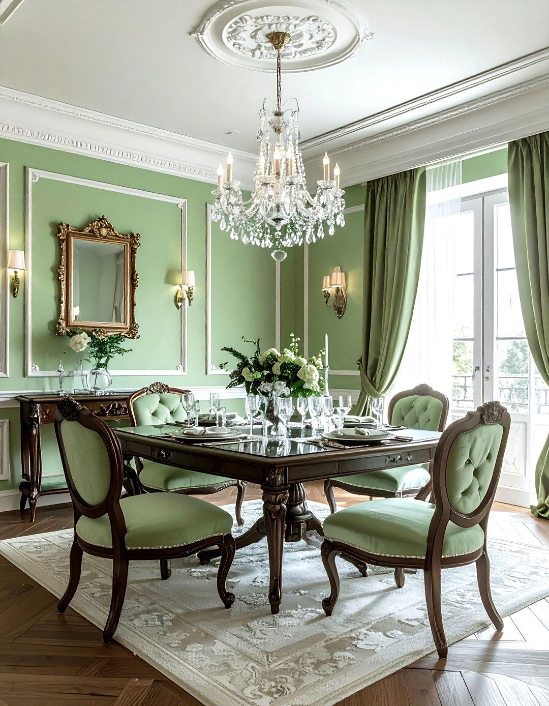 Pistachio green traditional dining room - 30 green and white dining room ideas