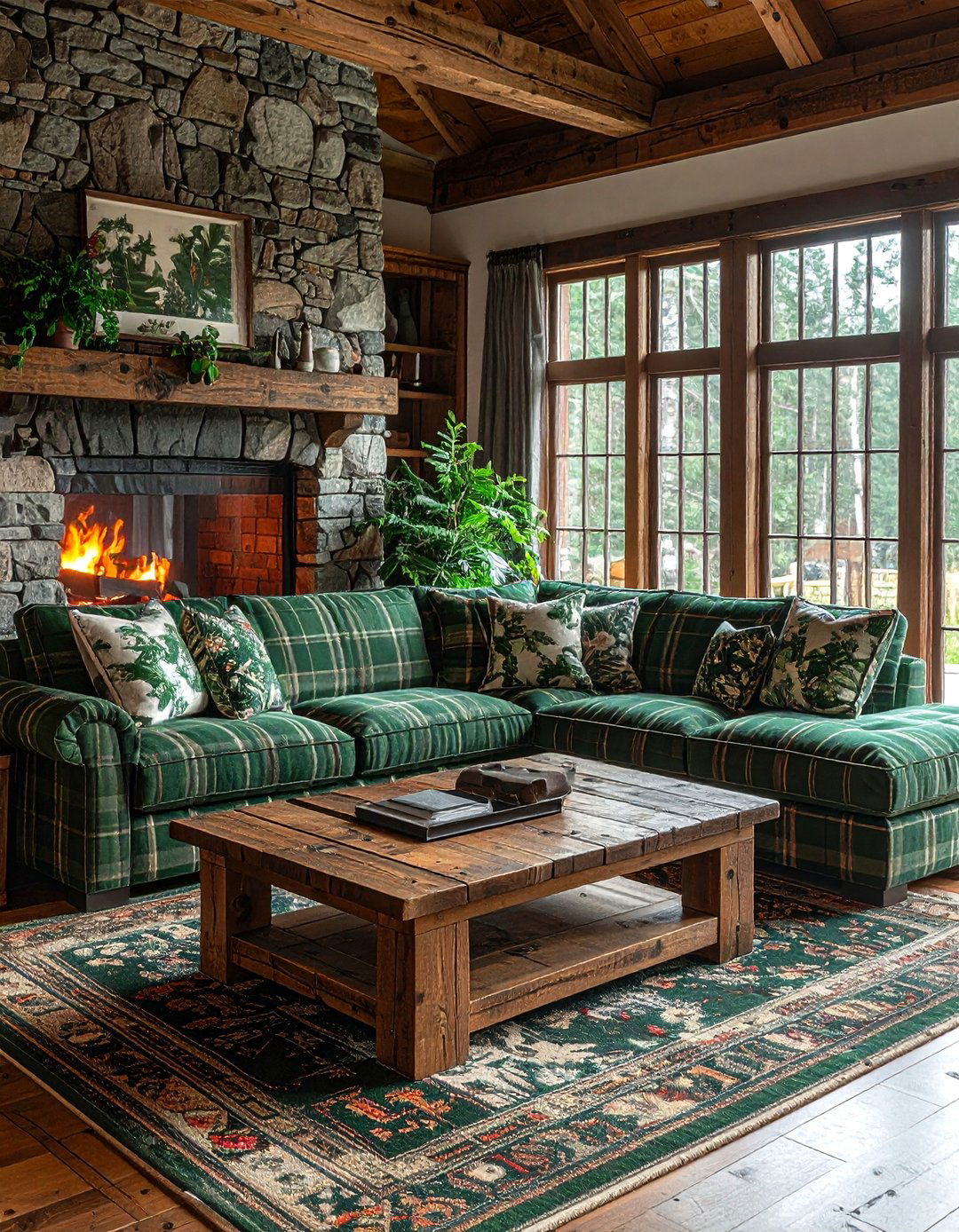 Plaid and botanical print sofa - 30 pattern mixing decor ideas