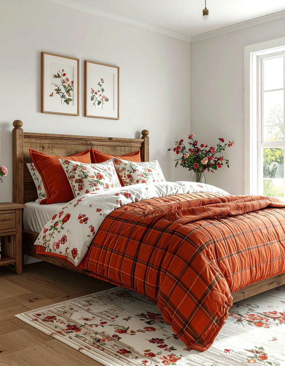 Plaid and floral bedroom decor - 30 bedroom pattern mixing ideas