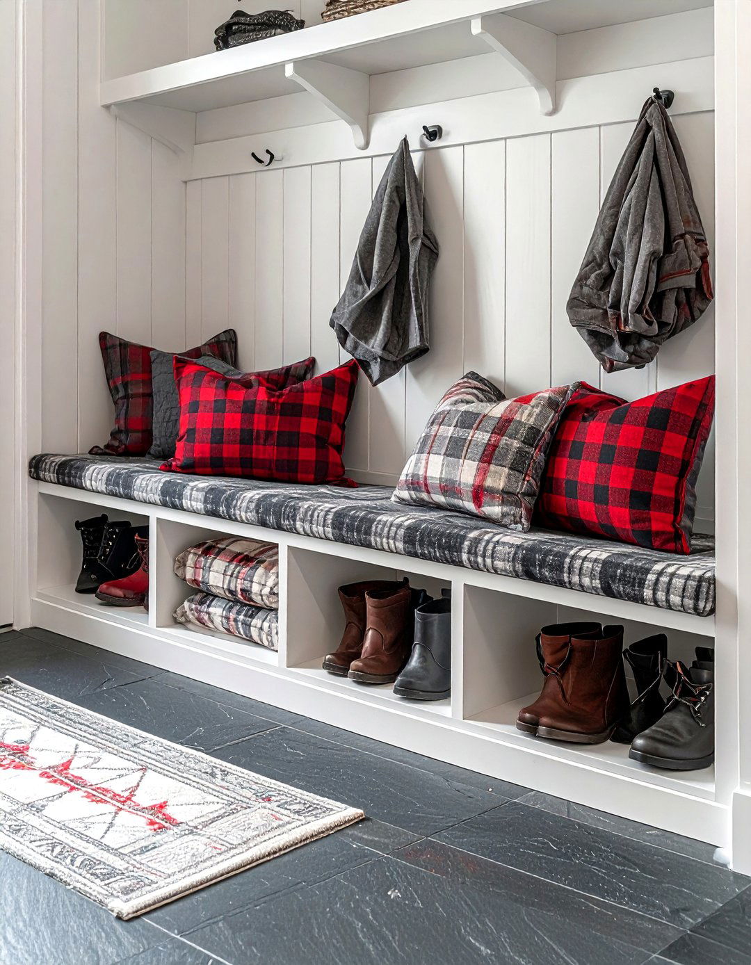 Plaid mudroom cubby pillows - 30 plaid decor ideas