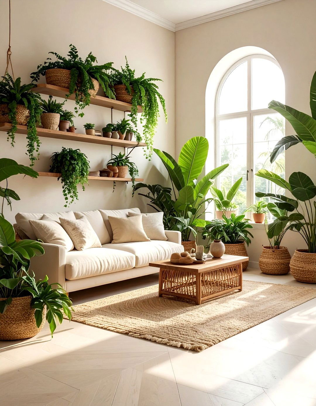 Plant Filled Cream Living Room - 30 bohemian cream living room ideas