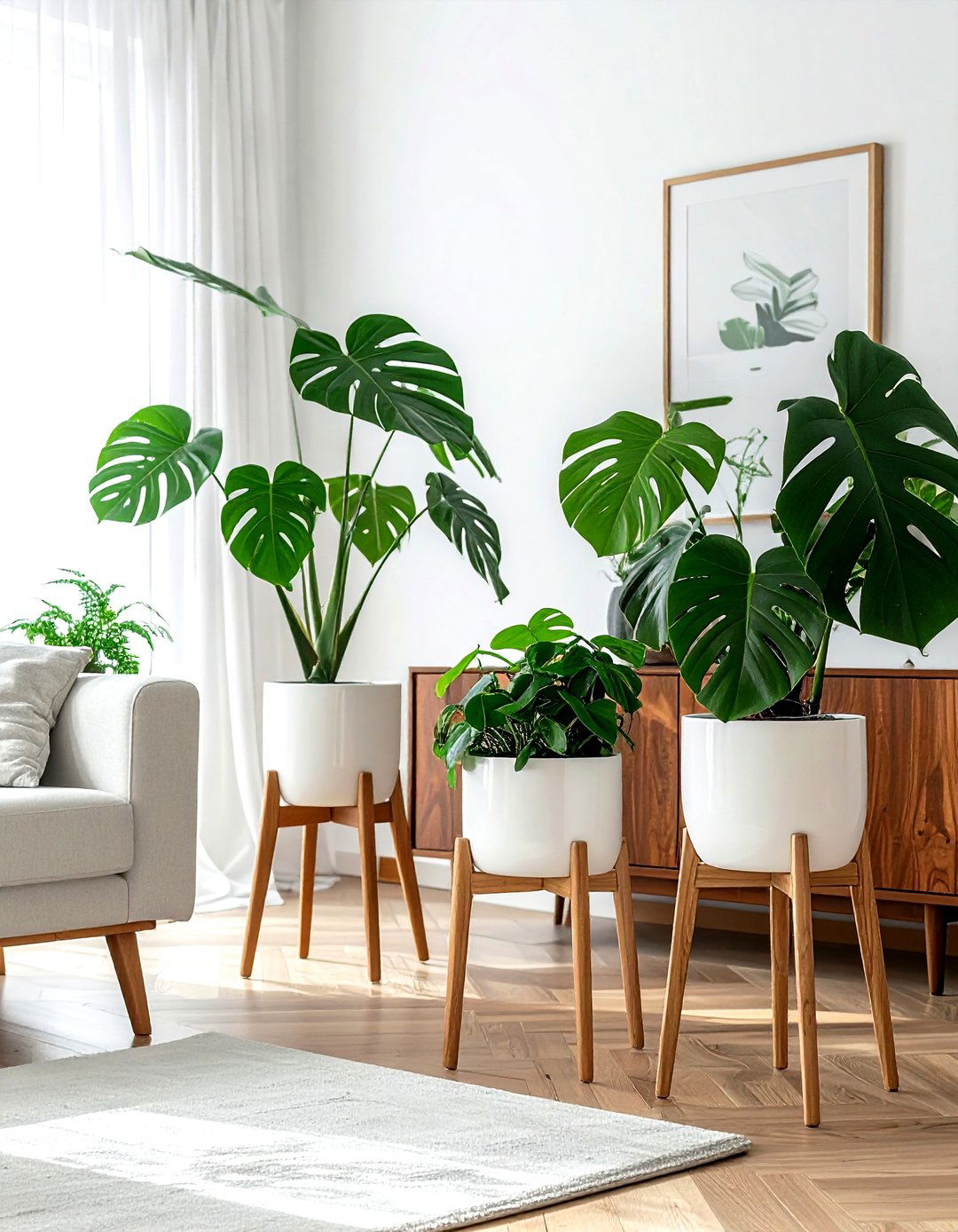 Planters with wooden stands - 30 living room mid-century furniture ideas