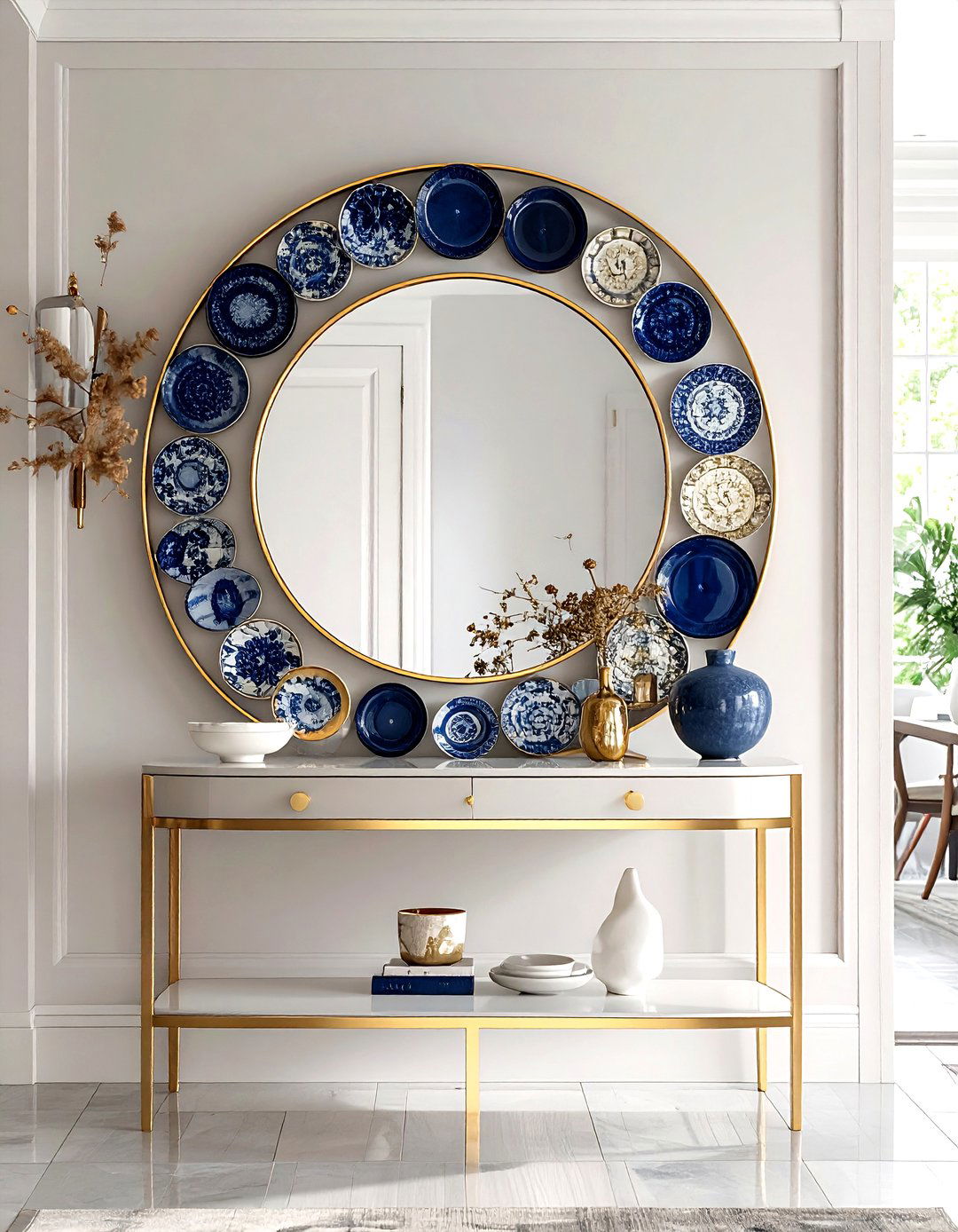Plate display around mirror - 30 plate collection display ideas