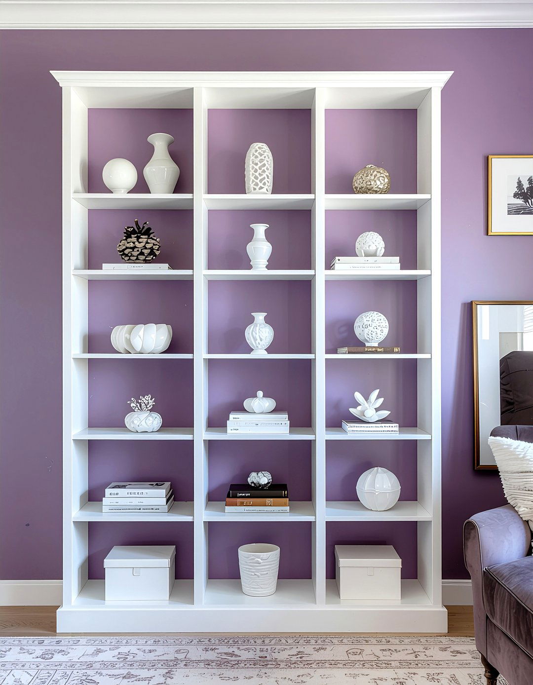 Plum Painted Bookshelves - 30 plum living room ideas