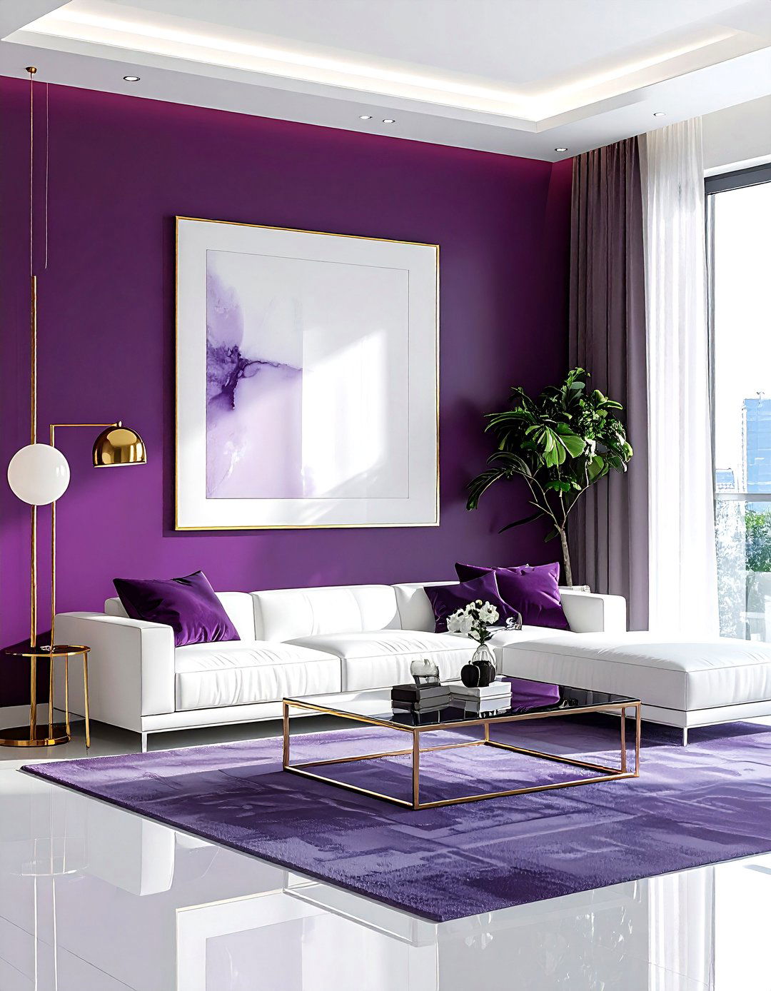 Plum accent wall - 30 purple and white living room ideas