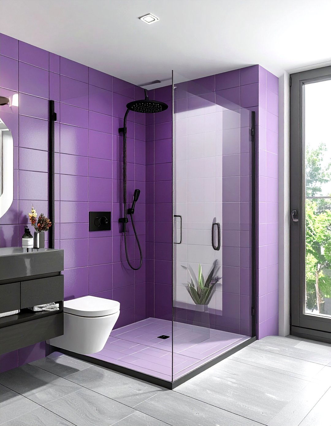 Plum tile walk in shower - 30 plum bathroom ideas