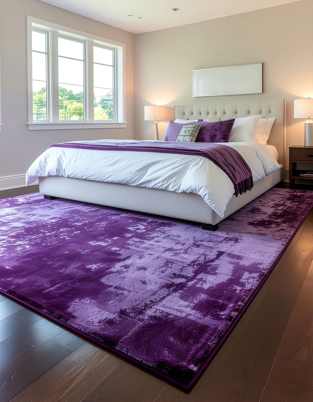 Plum velvet floor rug - 30 velvet bedroom ideas