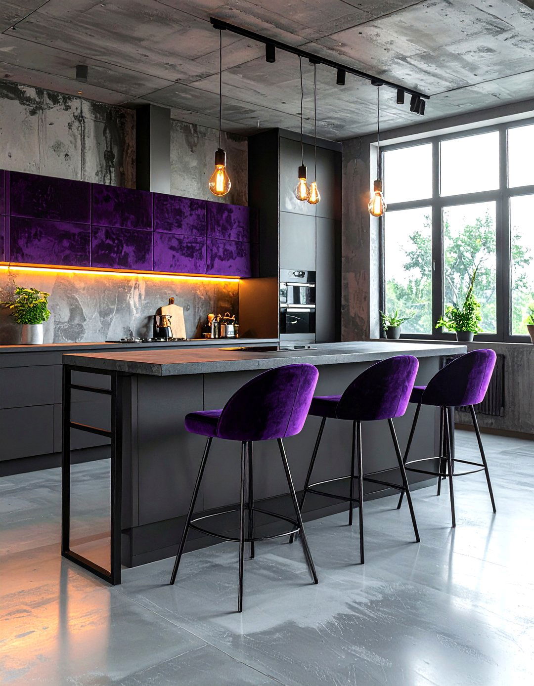 Plum velvet seating in industrial kitchen - 30 velvet kitchen ideas